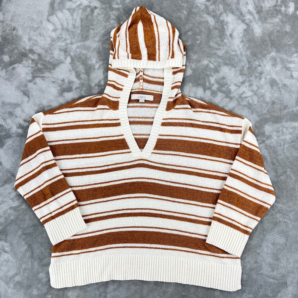 Loft Striped Knit Hoodie Sweater Rust Orange Cream V-Neck 3/4 Sleeve Womens Med